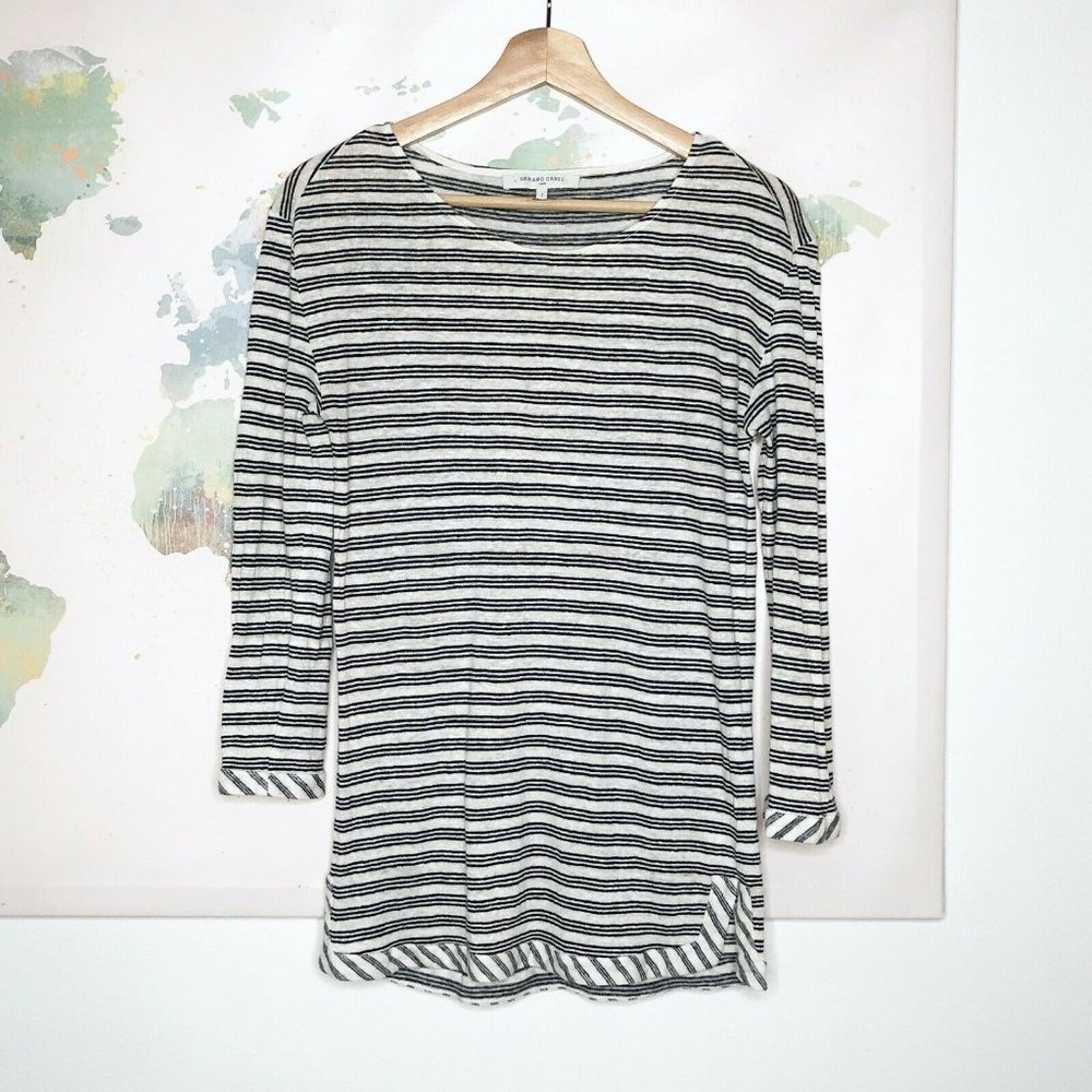 Gerard Darel Size 2 Top‎ Tunic White Black Striped 100% Linen Shirt Round Neck